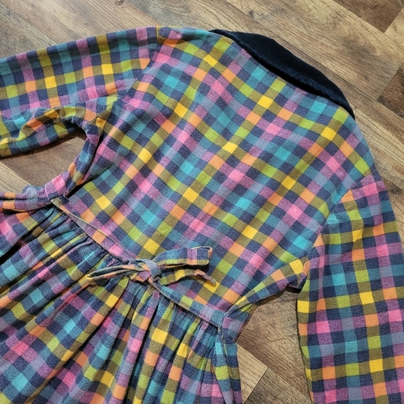 Vintage Handmade Womens Colorful Plaid Velvet Longsleeve Babydoll Dress Size M - Picture 7 of 8